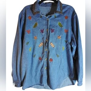 Embroidered Denim Shirt with Leaf and Butterfly Design Size L Fall Festival